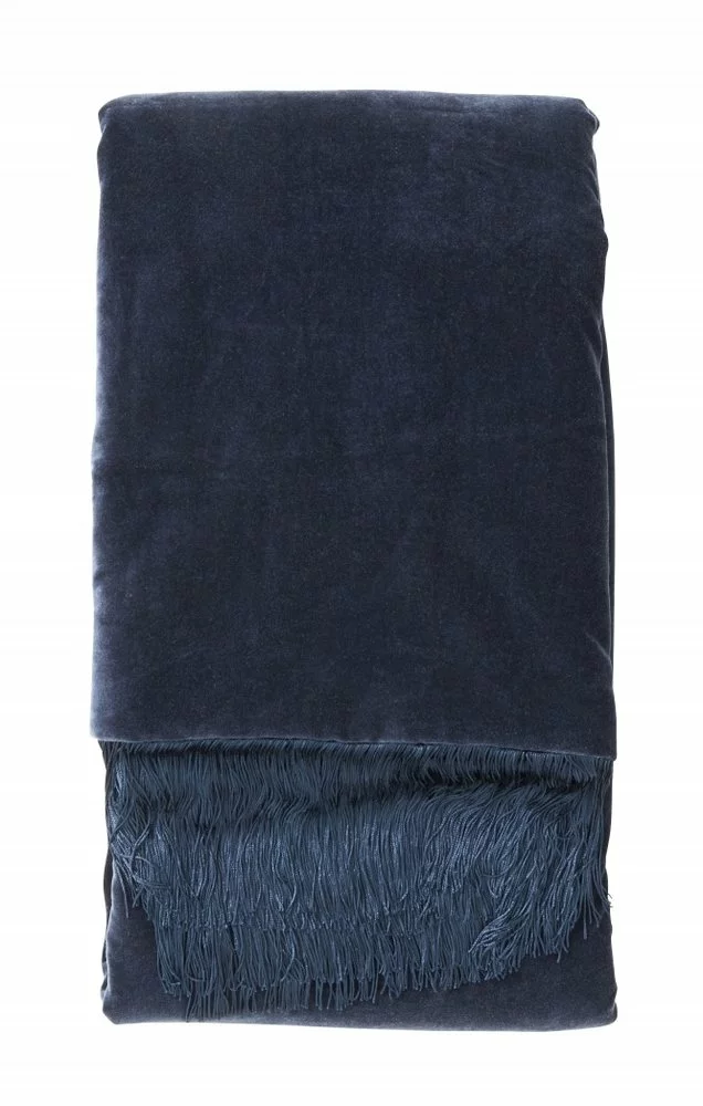 Nordal Velvet Plaid Met Franjes - Donkerblauw 3 Nordal Velvet Plaid Met Franjes - Donkerblauw